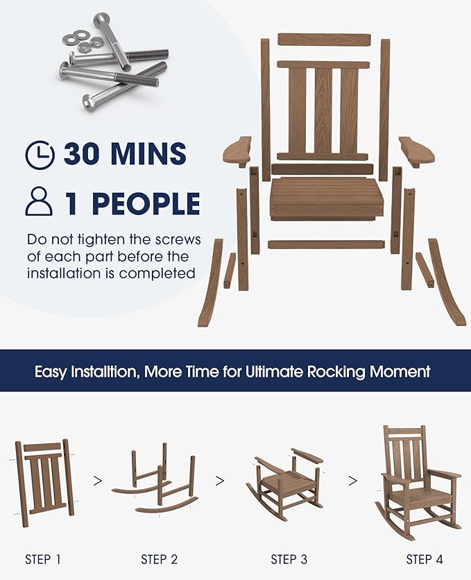 KINGYES Oversized Outdoor Rocking Chair Set of 2, All-Weather Patio Rocking Chairs for Porch, HDPE Outdoor Patio Rockers with High Back & Wide Seat for Garden, Lawn, Brown