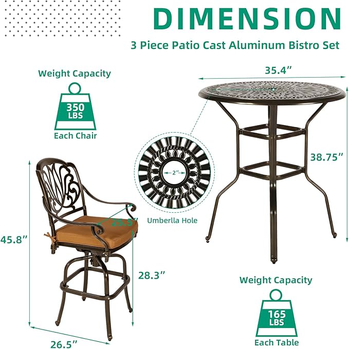 VIVIJASON 3-Piece Patio Swivel Bar Stools Set, All Weather Cast Aluminum Outdoor Bar Height Bistro Set with 2 Cushioned Bar Chairs & 35.4" High Bar Table w/Umbrella Hole for Backyard, Lawn, Garden
