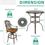 VIVIJASON 3-Piece Patio Swivel Bar Stools Set, All Weather Cast Aluminum Outdoor Bar Height Bistro Set with 2 Cushioned Bar Chairs & 35.4" High Bar Table w/Umbrella Hole for Backyard, Lawn, Garden