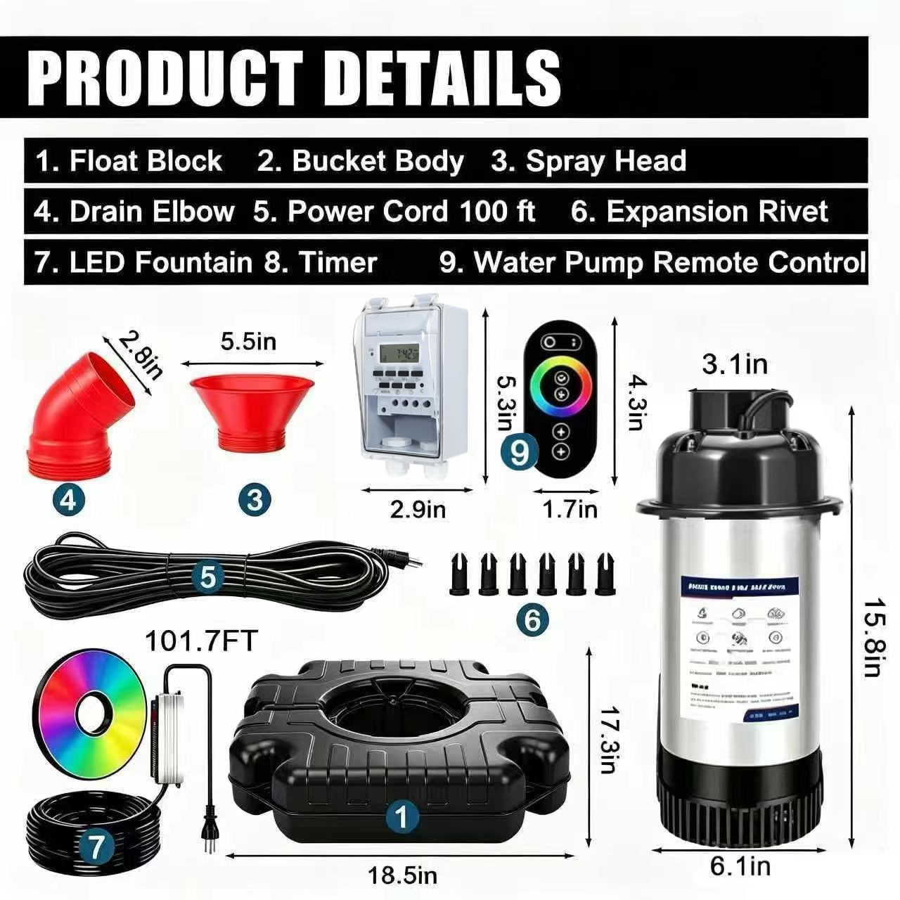 Pond Fountain Aerator,Pond Aerator,with Dynamic LED RGB Lighting Adjustable Modes, Digital Timer | 1 HP 15,000 GPH, 750W 110V, 100FT Cord - for Large Ponds, Lakes & Outdoor Water Features