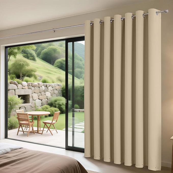Joydeco Blackout Patio Sliding Door Curtains 96 Inches Long, Grommet Privacy Room Divider Curtains, Extra Wide Thermal Blackout Drapes for Bedroom Living Room (Light Beige, 60Wx96L, 1 Panel)