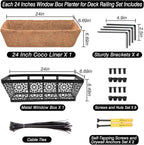 Halatool 24 Inch Window Box with Coco Liner, 4 Pack Sturdy Metal Flower Railing Planter with Coco Coir Basket Liners for Window Deck Fence Porch Balcony and Patio Outdoor Indoor Lawn