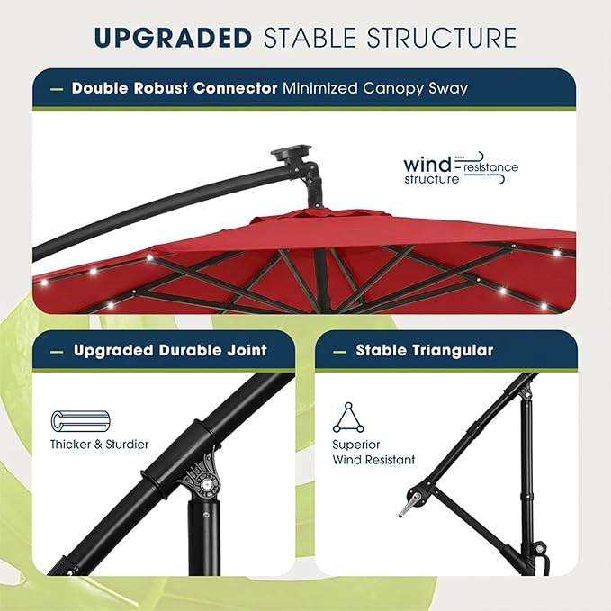 wikiwiki 10ft Solar LED Patio Umbrella with Base Included, Offset Umbrella with Weighted Sandbag Base, Cantilever Patio Umbrellas for Backyard, Garden & Deck, 32 LED Lights & Polyester Shade, Red