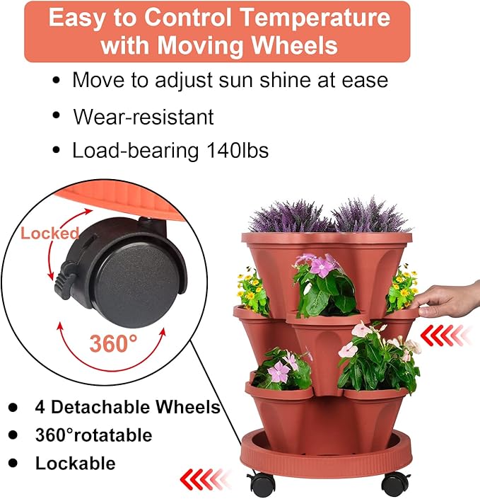 DUNCHATY Stackable Planters 3 Tier Vertical Garden Planting Tower Planters Strawberry, Herb, Flower, and Vegetable Planter Indoor Outdoor Gardening Pots with Removable Wheels and Tools, 2 Bundle