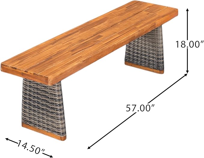 Christopher Knight Home Pasco Acacia Wood Outdoor Dining Table Set for 6, Wicker Patio Dining Set with Acacia Wood Table and Bench, Patio Table and Chair Set with Cushion+Rope Backrest,Black+Teak+Grey
