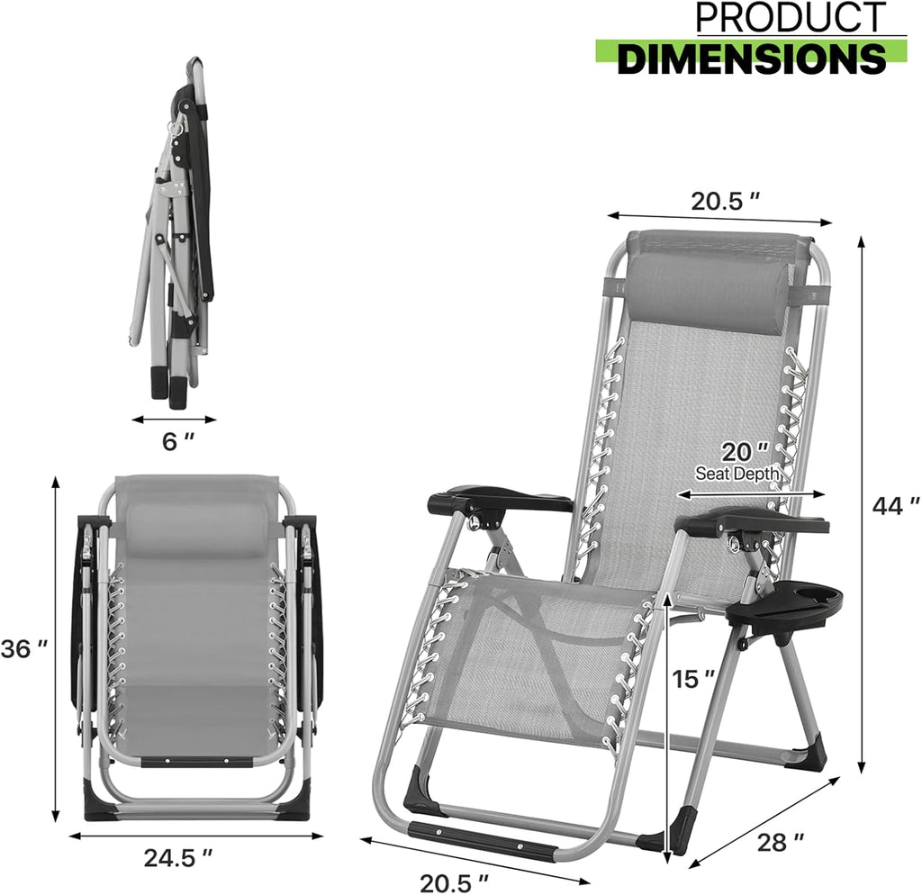 Magshion Zero Gravity Reclining Patio Camping Lounge Chair, Grey | w/Removable Cushion, Side Tray & Cup Holder, Adjustable Folding Anti Gravity Recliner for Indoor and Outdoor