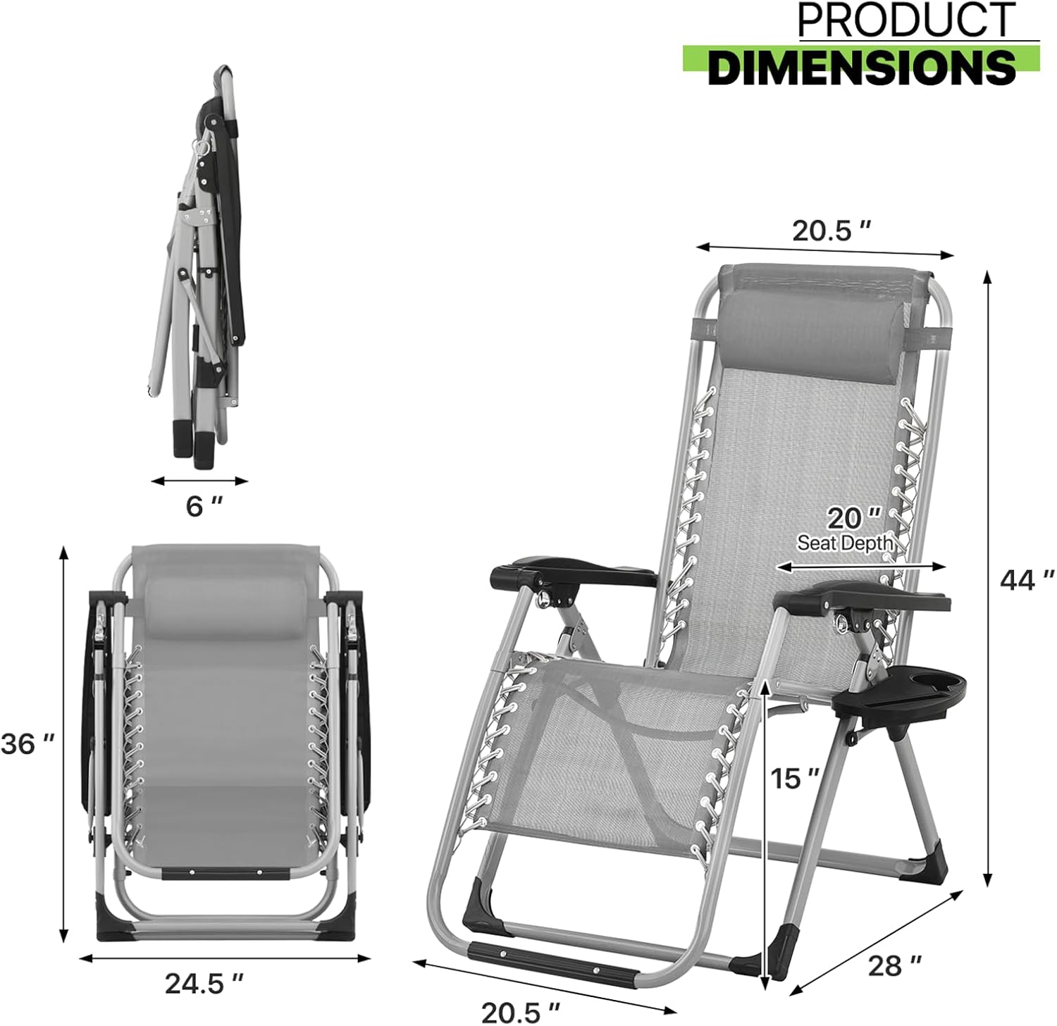 Magshion Zero Gravity Reclining Patio Camping Lounge Chair, Grey | w/Removable Cushion, Side Tray & Cup Holder, Adjustable Folding Anti Gravity Recliner for Indoor and Outdoor