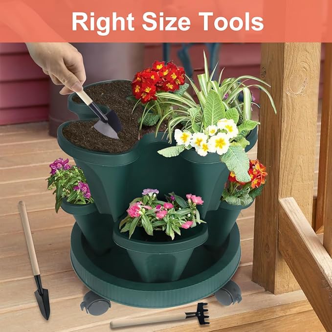 DUNCHATY Stackable Planter, Vertical Garden Planter with Wheels and Tools, Strawberry Indoor/Outdoor 5 Tier Tower Herb for Growing Vegetables Succulents, Dark Green, 2 Pack