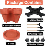 DUNCHATY Stackable Planters 4 Tier Vertical Garden Planting Tower Planters Strawberry, Herb, Flower, and Vegetable Planter Indoor Outdoor Gardening Pots with Removable Wheels and Tools