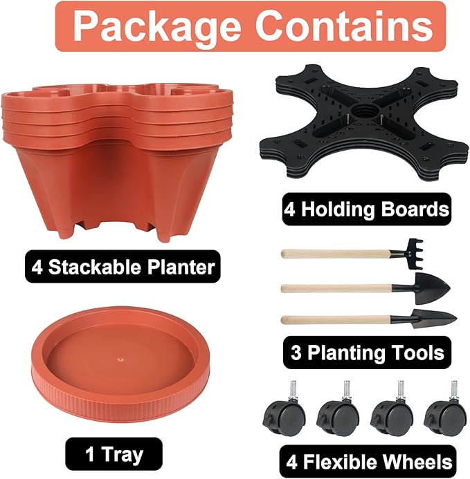 DUNCHATY Stackable Planters 4 Tier Vertical Garden Planting Tower Planters Strawberry, Herb, Flower, and Vegetable Planter Indoor Outdoor Gardening Pots with Removable Wheels and Tools