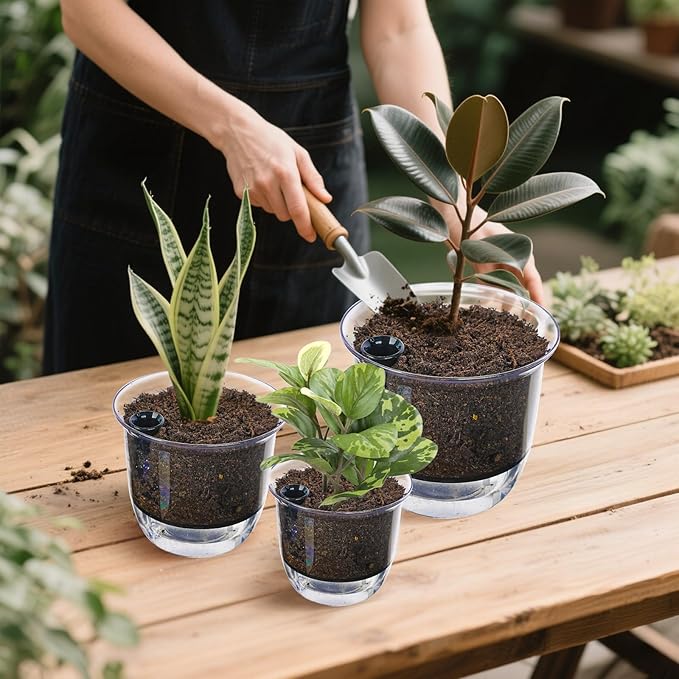 Self Watering Pots, 3 Pack 4 Inch Clear Plant Pot Self Watering Planter Flowers Pot with Deep Reservoir for Indoor Plants (3 Small)