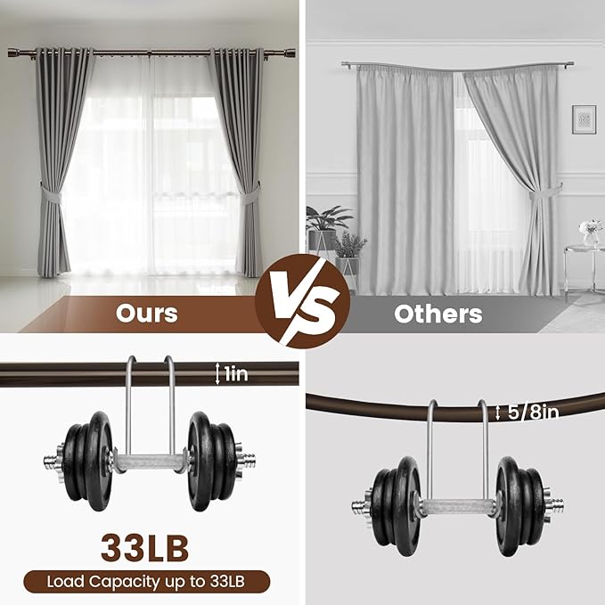 1” Diameter brown curtain rod Itself is 30 to 90 inch. 1 Pack Fits 30-84 inch Windows with Heavy Duty Adjustable brown curtain rods Splicing Metal Extra Long Curtain Rod