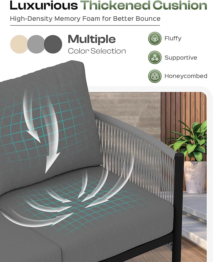 Aluminum Outdoor Patio Furniture Set with Dual-Layer Coffee Table, 5 Piece Modern Patio Conversation Sets with PE Rope, Outdoor Sectional Sofa with Thick Cushions for Balcony, Deck, Charcoal