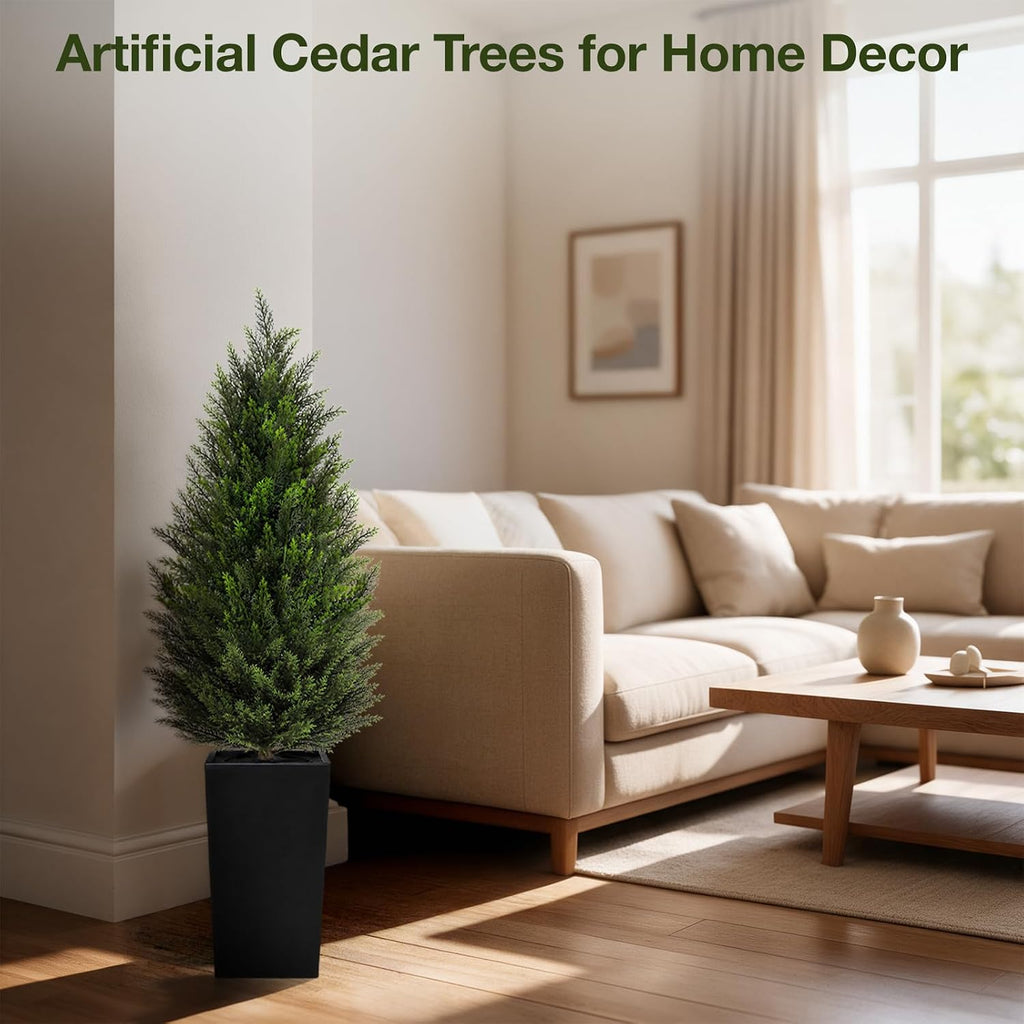 5ft artificial cedar topiary trees 2 pack, tall on a desk or shelf