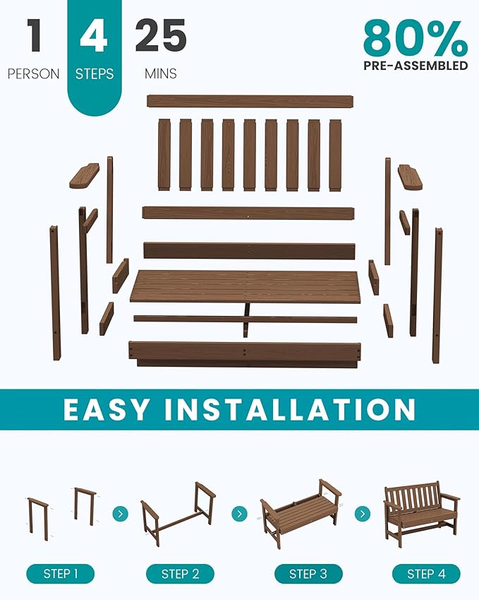 SERWALL Outdoor Bench, HDPE Outdoor Benches Weatherproof, 2-Person Garden Bench with 660 lbs Weight Capacity, Patio Benches for Outdoors, Garden, Porch, Backyard and Park, Brown, 4 Pack