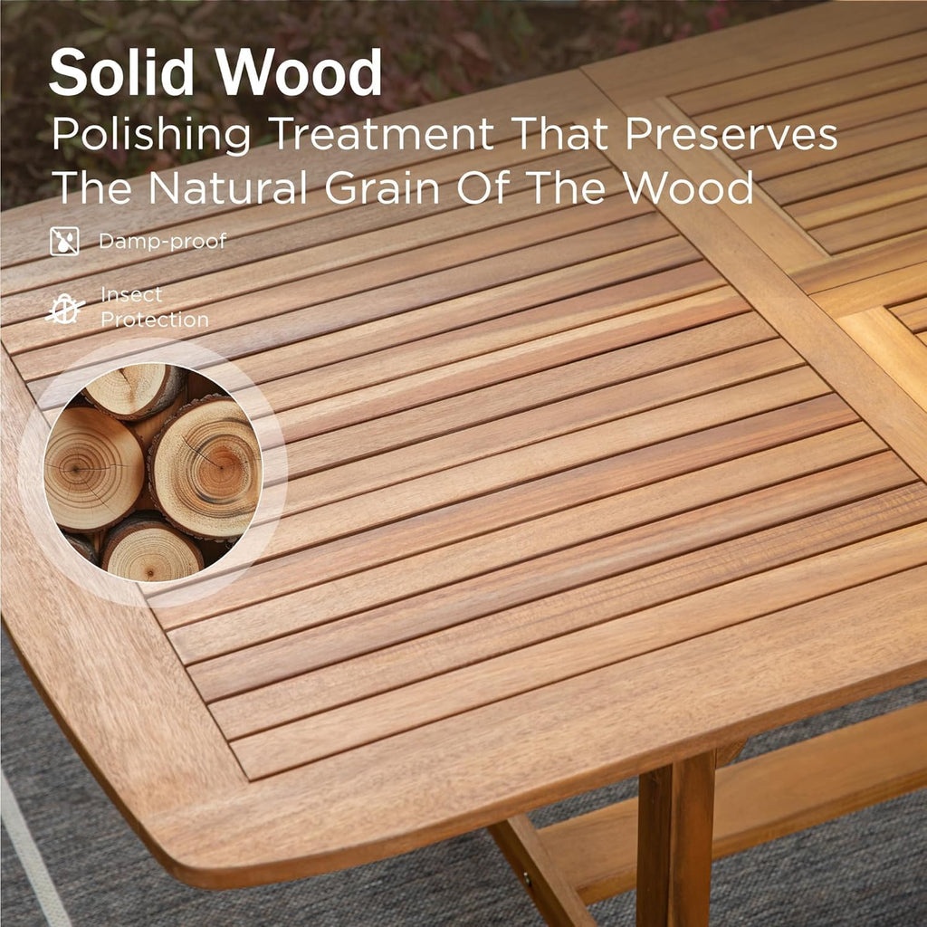 phi villa teak outdoor table, expandable wood table showing dimensions