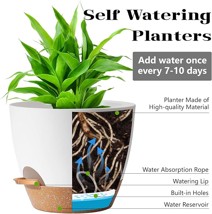 Indoor Plant Pots for Lazy People, 5Pack White Plastic Self Watering Planter Pots for Houseplants,Succulent, African Violets,Snake Plants, Flowers and Cactus(7/6.5/6/5.5/5 Inch)