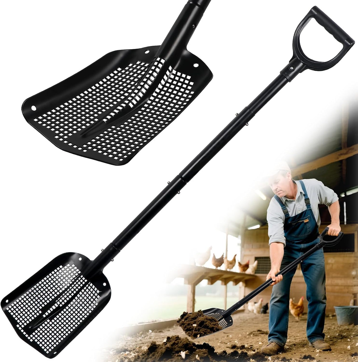 heavy duty sifting shovel with adjustable handle (26"-48"), main product view