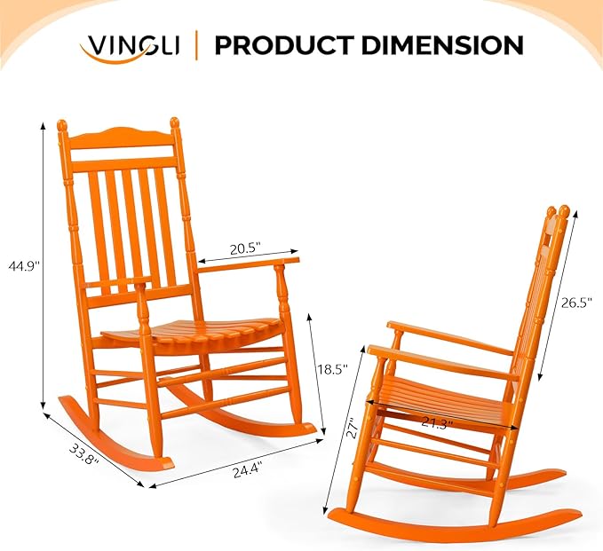 VINGLI Wooden Rocking Chair, Outdoor Chair with 450 lbs Support, Relaxing Rocker with Solid Wood High Back Seat Reclining Seat for Deck, Garden, Backyard, Porch, Indoor or Outdoor Use (Orange, 2PCS)