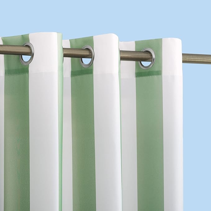 Sun Zero Valencia Cabana Stripe Indoor/Outdoor UV Protectant Energy Efficient Grommet Curtain Panel Pair, 54" x 95", Spa Green, 2-Pack