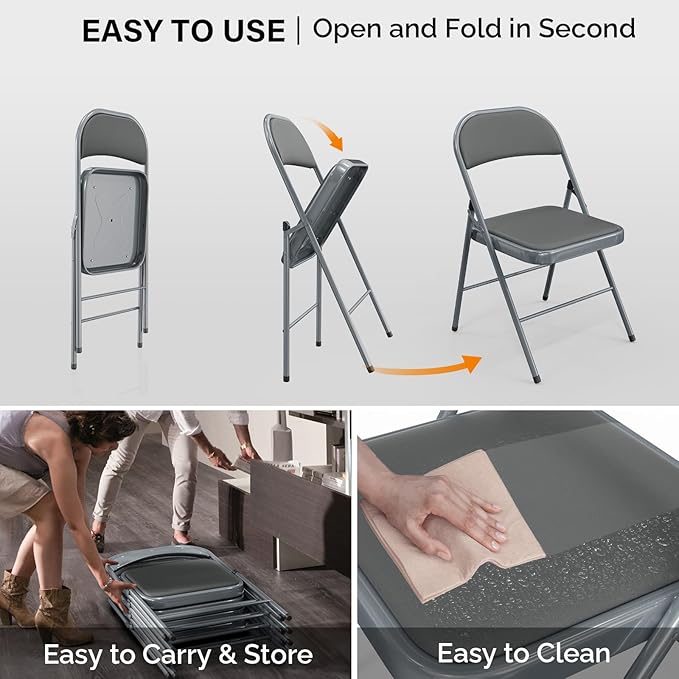 VINGLI 4 Pack Folding Chairs with Padded Seats, Metal Frame with Pu Leather Seat & Back, Capacity 350 lbs, Gray