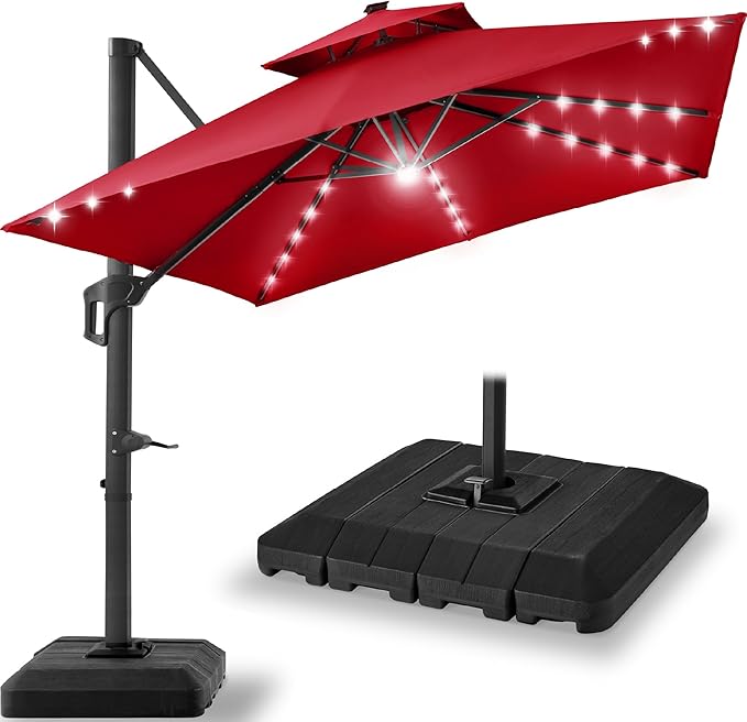 Best Choice Products 9x12ft LED Cantilever Patio Umbrella w/Base Included & 360° Rotation, Large Solar Offset Hanging Outdoor Sun Shade for Deck, Backyard Table w/Stand & Lights – Red