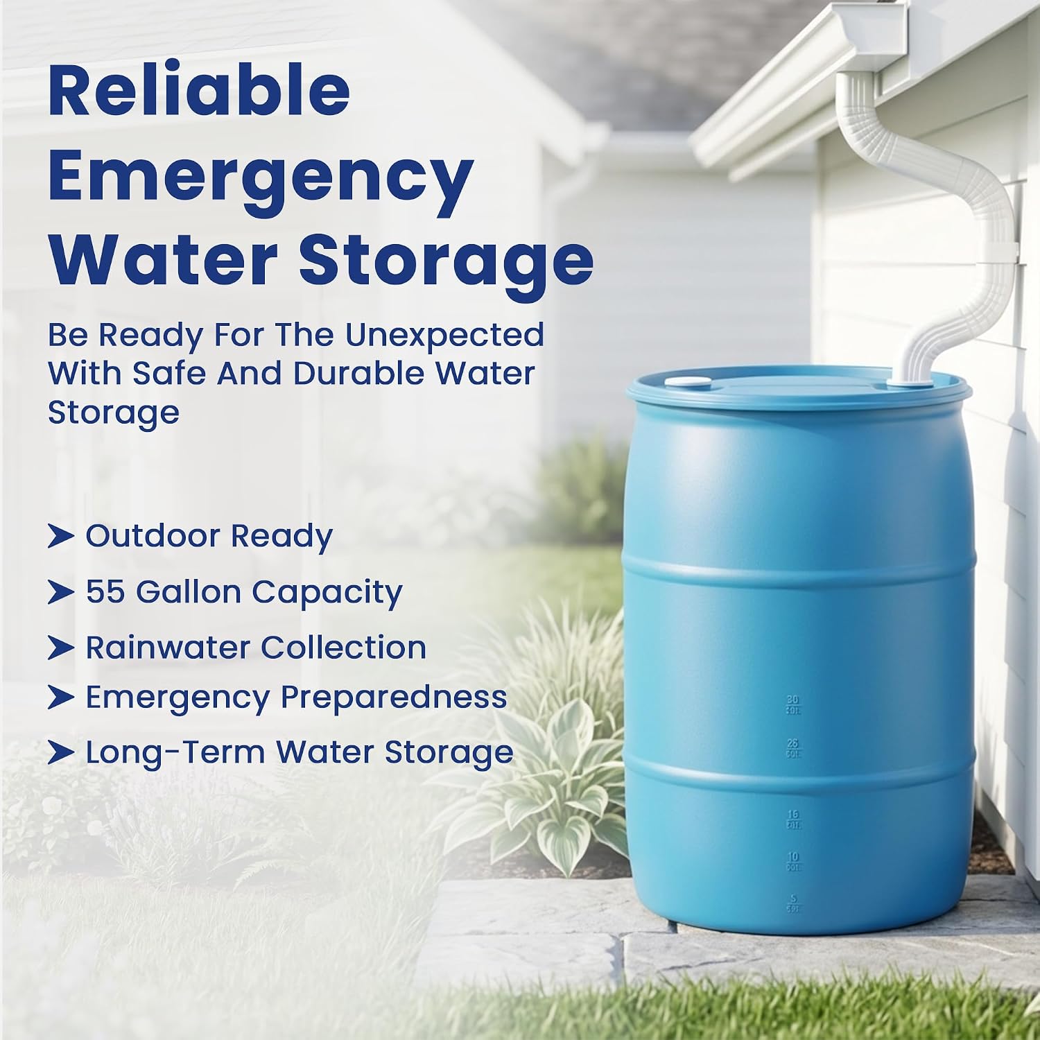 55-Gallon Water Storage Barrel, BPA Free, Emergency Water Supply - Eco Friendly - Made in USA (Blue)