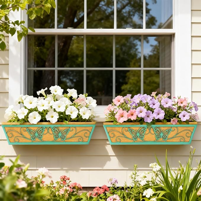 2 Pack 24 Inch Window Boxes Planter Railing Planters Box with Adjustable Brackets for Porch Deck Balcony Hanging Butterfly Decorative Flower Baskets & Non-Woven Fabric Liner for Outdoor Plants - Green