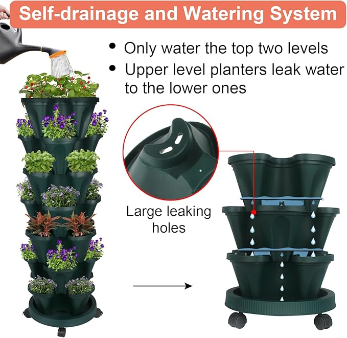 GameXcel Vertical Planter 7 Tier Stackable Planters Garden Planters Strawberry Herb Flower and Vegetable Planter Indoor Outdoor Gardening Pots with Removable Wheels and Tools 2-Pack