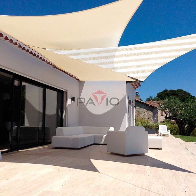 Patio Paradise 27' x 27' x 27' Sun Shade Sail Triangle Canopy Shade Cloth Fabric Sunlight Block Patio Pergola Cover HDPE Deck Awning for Outdoor Backyard Roof Shading, Beige White Strip