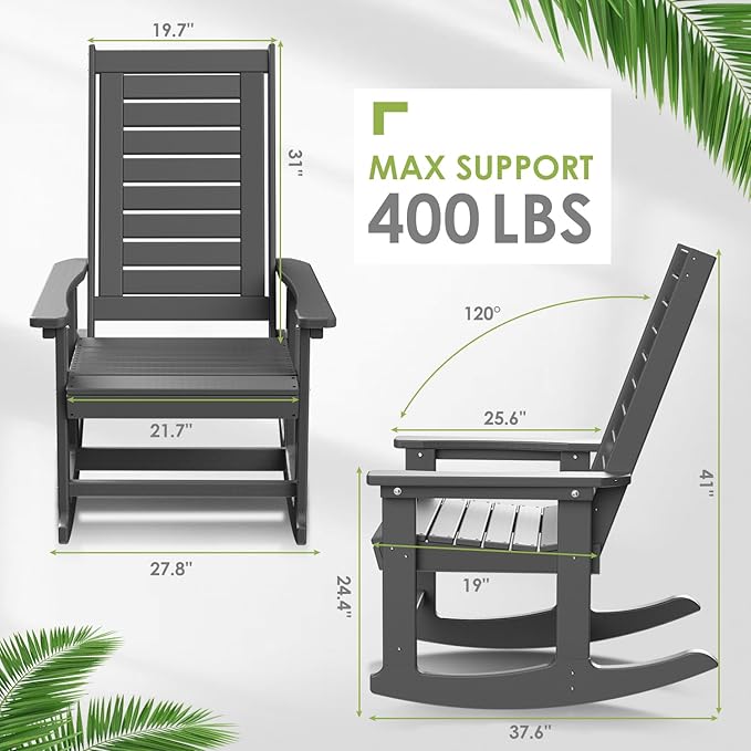 GREENVINES Outdoor Rocking Chairs | Set of 4 | Porch Rocker | HDPE Plastic | Grey | Oversized Rockers | High Back | Big & Tall | Ladder Back | for Patio Outside Backyard Balcony Garden