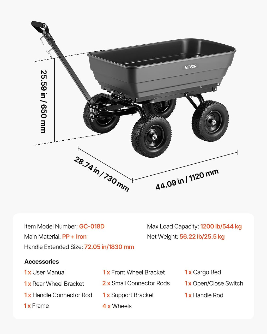 vevor 7 cu.ft 1200lbs poly garden cart dump, view 9