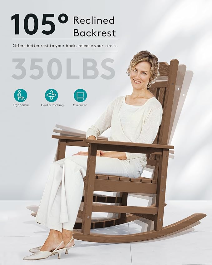 SERWALL Oversized Rocking Chair Outdoor, HDPE Outdoor Rocking Chair, Brown