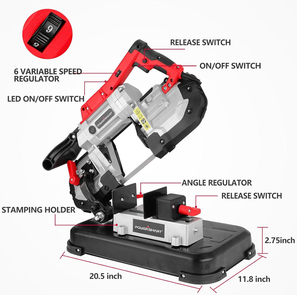 powersmart portable band saw, 10a variable speed, 5" showing dimensions