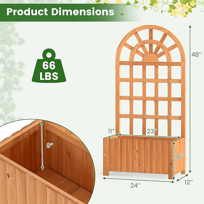 Giantex Wooden Raised Garden Bed with Arched Trellis, 48” Fir Wood Outdoor Elevated Planter Box Privacy Screen with Drainage Holes, Vertical Garden Bed for Climbing Plants, Patio Balcony Backyard