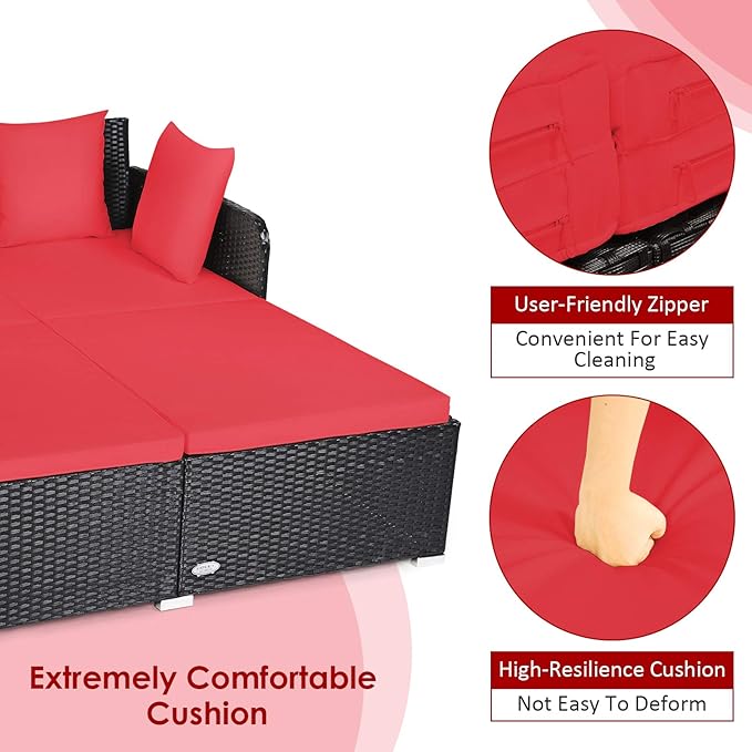 Tangkula Outdoor Rattan Daybed, Sunbed Wicker Furniture w/Spacious Seat, Upholstered Cushion & High-Resilience Sponge, Wicker Patio Sofa Set w/Extra Pillows for Courtyard Poolside(Red)