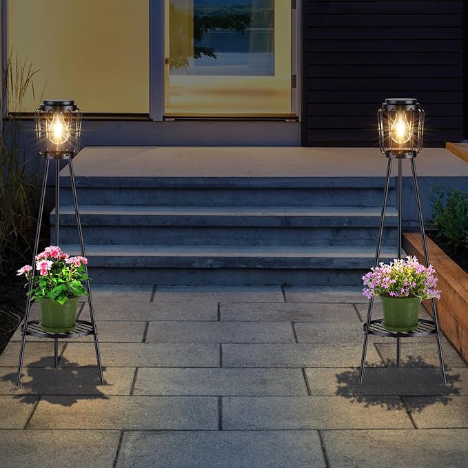 2 Pack Solar Lights with Plant Stand, Outdoor Floor Lamp, Waterproof Solar LED Edison Bulb Floor Lamps for Patio Porch Deck Yard Garden Decor
