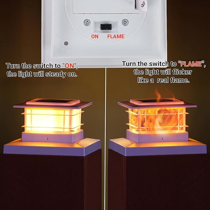 Dynaming 4 Pack Solar Post Cap Lights Outdoor with Flickering Flame Light, White Shell Fence Post Solar Lights Fit 4x4 5x5 Vinyl/Wooden Posts, Brightness LED Lighting Decor for Garden Deck Patio