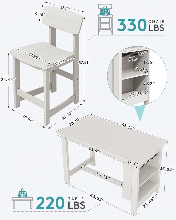 SERWALL 8-Piece HDPE Counter Height Dining Table Sets with Storage and Wine Rack, 2 Rectangular Bar Table with Bar Stools Set of 6 for Garden, Backyard, Kitchen, White