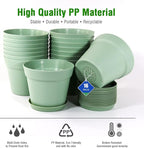 WOUSIWER 16 Pack 6 inch Plastic Planters, Plastic Indoor Planter Flower Pots, Heavy Duty and Stylish 6 Inch Plant Pots for Indoor Plants with Drainage Holes and Tray for Plants Flowers, Green