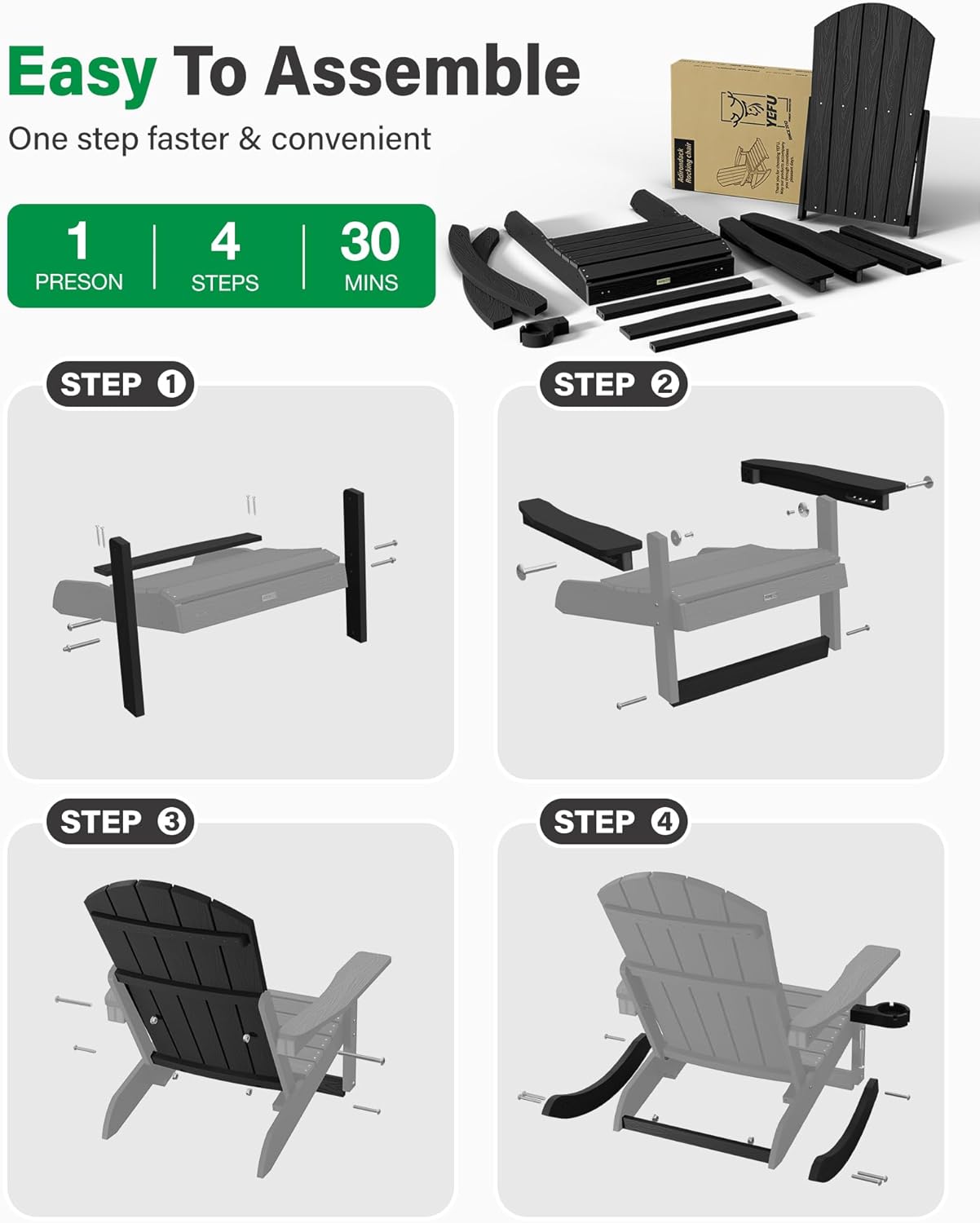 YEFU Adirondack Rocking Chairs Set of 2, with Footrest, All-Weather, Black | 5- Level Adjustable Backrest, Retractable Ottoman & Cup Holder, Like Real Wood, for Outdoor/Patio/Porch, Heavy Duty, 400 lbs