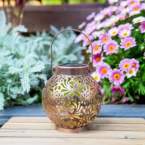2 Pack Outdoor Solar Hanging Lantern Lights Metal LED Decorative Lamp for Garden Patio Courtyard Lawn and Table with Hollowed-Out Design (Bronze)