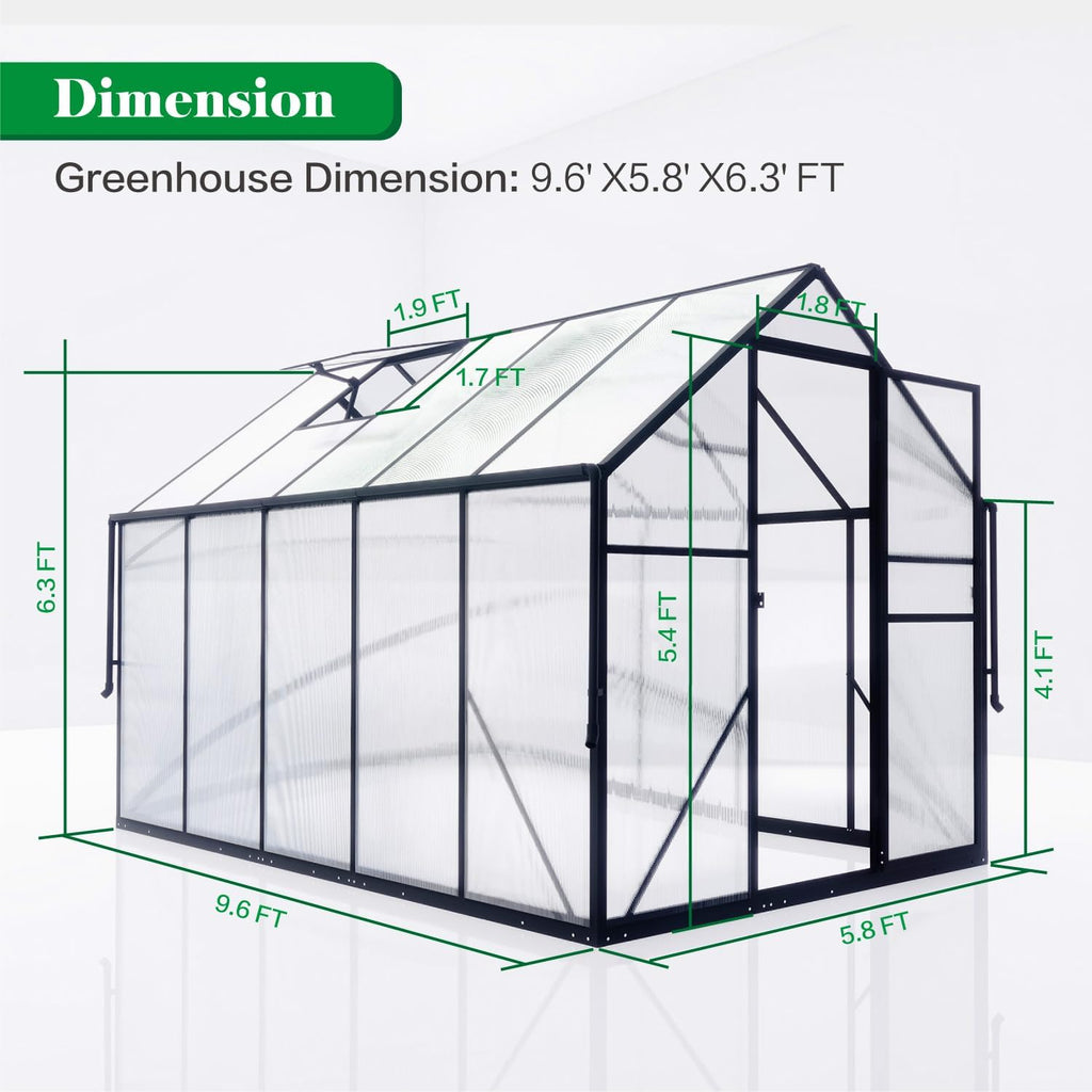 6x10 ft greenhouse for outdoors, polycarbonate green house showing dimensions