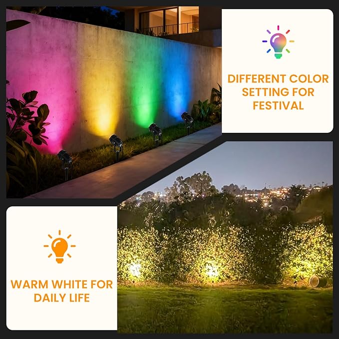 Halloween Christmas Spotlights Outdoor: RGBW Spot lights Plug in 120V Remote Control 16 Color Changing Waterproof LED Landscape Spotlights for Yard Garden Lawn Holiday Décor, 6 Pack (RGB + Warm Light)