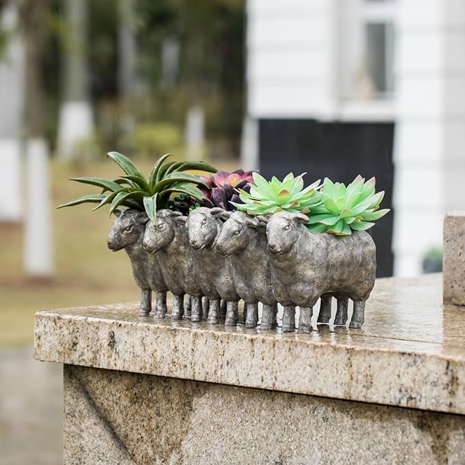 Newman House Studio Resin Sheep Planter Succulent Pot - Creative Animal Garden Pots for Home Garden Office Desktop Decoration 13 * 7.2 * 5.5 Inch