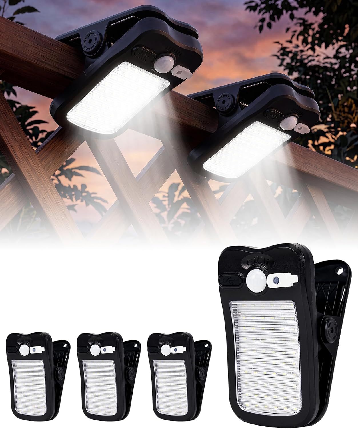 4 Pack Clip On Solar Lights Outdoor - Waterproof Solar Clip Light with Motion Sensor, USB & Solar Powered Clamp Lights for Fence Garage Gutter