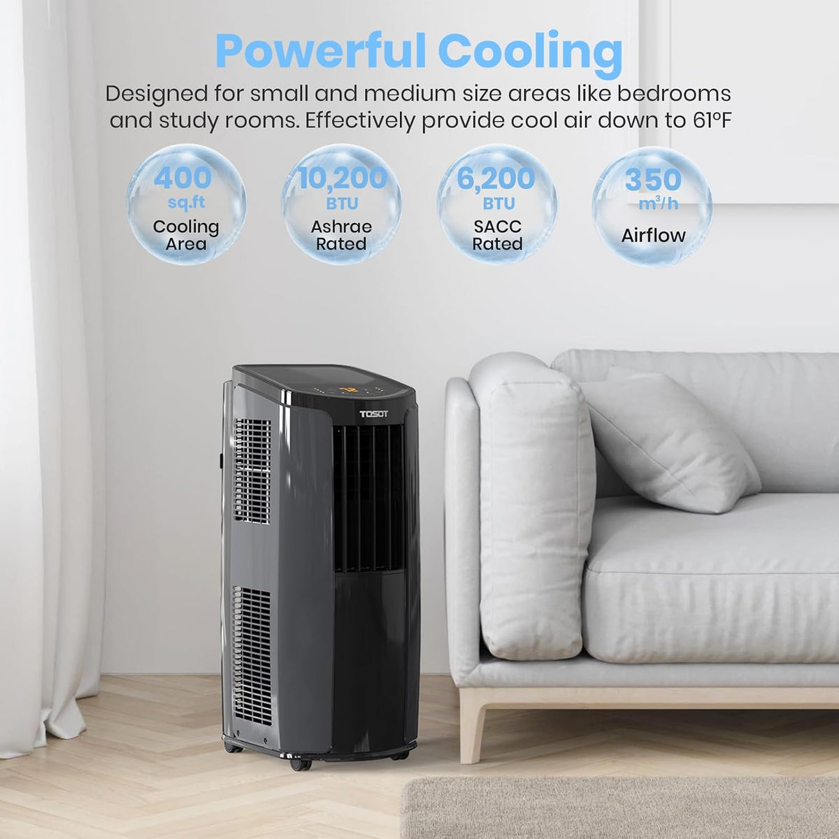 tosot 10,200btu (6,200 btu sacc) portable air conditioner shown in use
