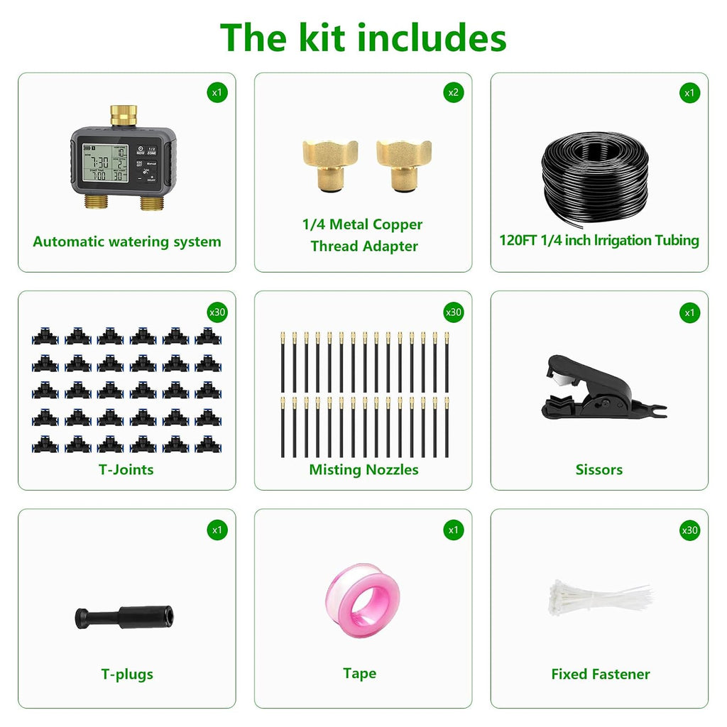 120ft drip irrigation system with smart water timer on a desk or shelf