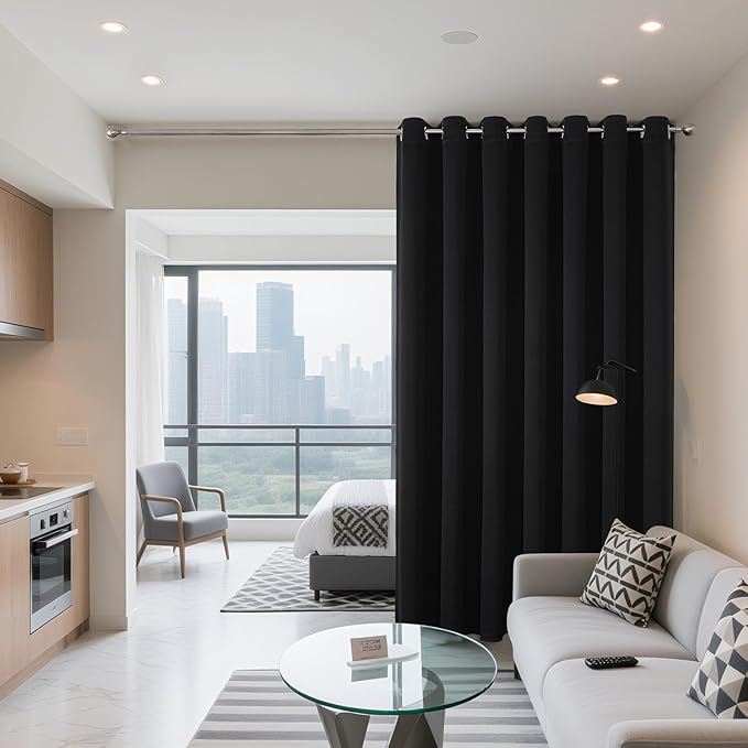 Joydeco Blackout Patio Sliding Door Curtains 108 Inches Long, Grommet Privacy Room Divider Curtains, Extra Wide Thermal Blackout Drapes for Bedroom Living Room (Black, 60Wx108L, 1 Panel)
