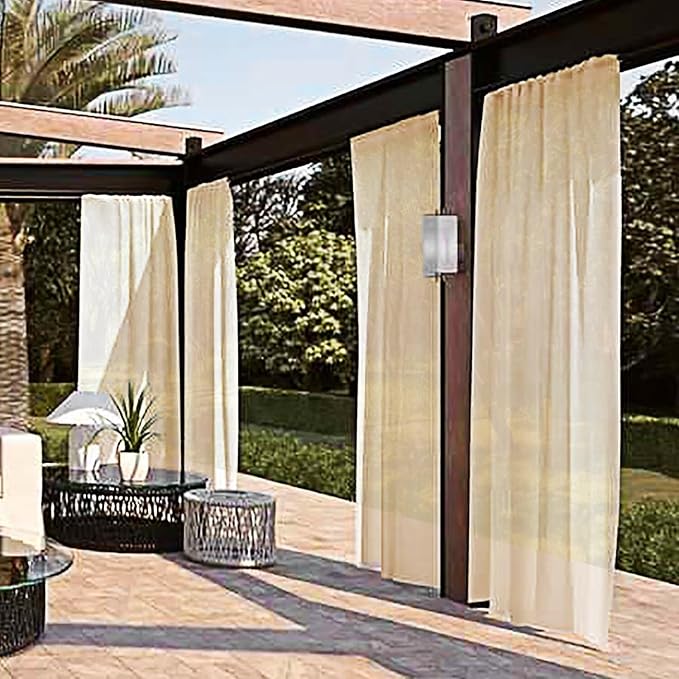 SpaceDresser Waterproof Outdoor Sheer Curtains for Patio - 2 Panels Rod Pocket Indoor Voile Sheer Curtain for Living Room,52W x 84L inch, Beige